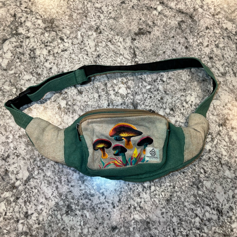 Freakmandu Mushroom Print Hemp Waist Bum Bag Fanny Pack Eco-Friendly Cross Body